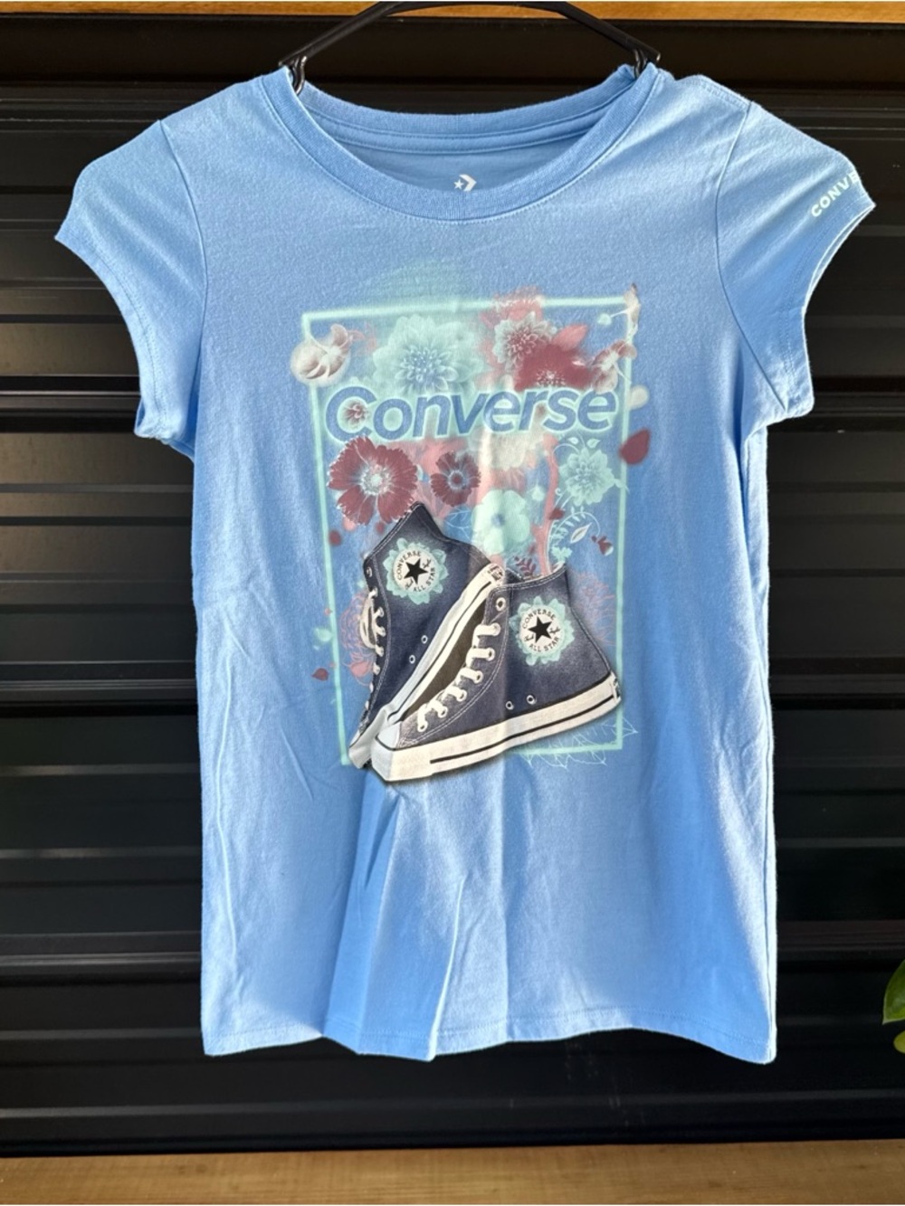 Converse Light Blue Tee with Graphic Sneakers and Florals